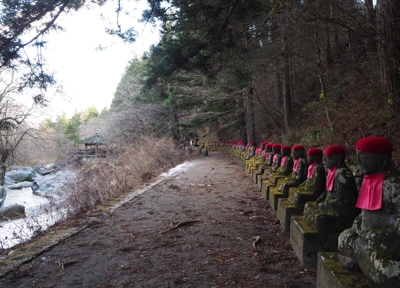Ojizo-Sama Statues line the path along the river Daiya, Nikko